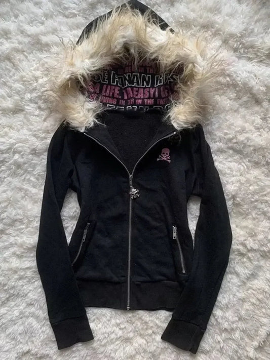Sweat à capuche zippé en molleton noir col fourrure Y2K