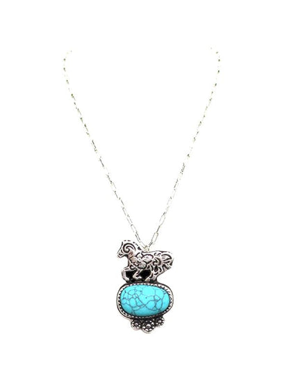 Collier pendentif cheval de course gravé turquoise western