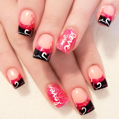 Ongles à presser noirs Y2K pour filles, motif cœur rose/point