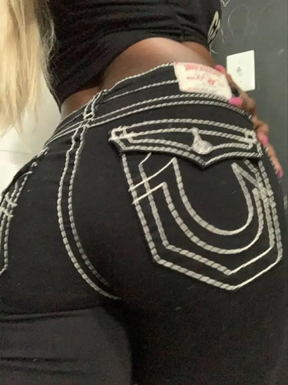 Retro Pocket Embroidery Blue Baggy Jeans