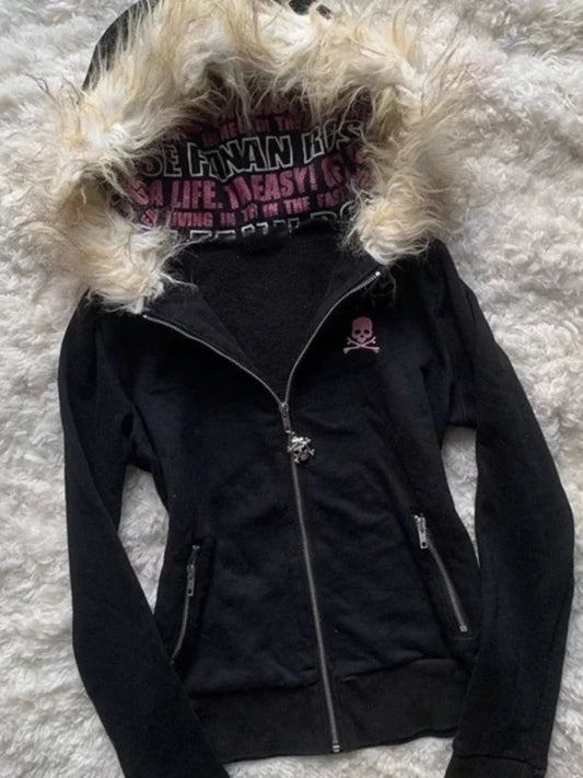 Sweat à capuche zippé en molleton noir col fourrure Y2K