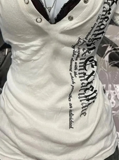 Y2k Japanese Letter Printing Vintage Tops