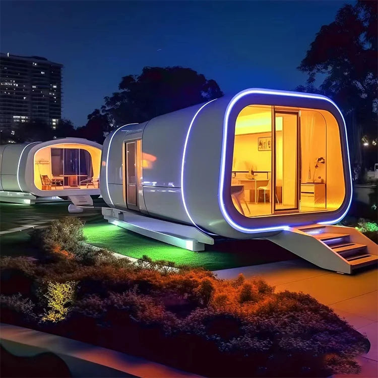 Space capsule room with kitchen and wheels