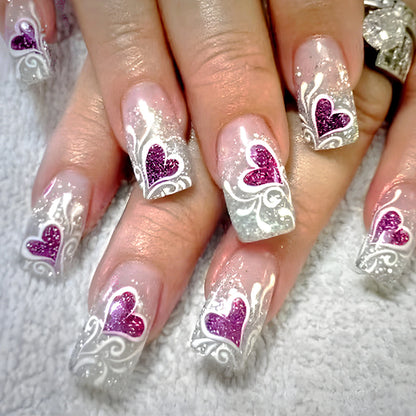 Ongles à presser noirs Y2K pour filles, motif cœur rose/point