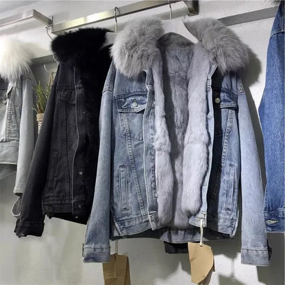 Women's Big Fur Collar Winter Denim Jacket