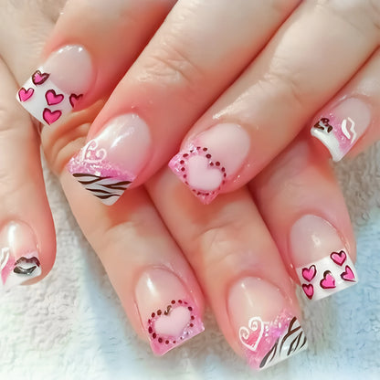 Ongles à presser noirs Y2K pour filles, motif cœur rose/point