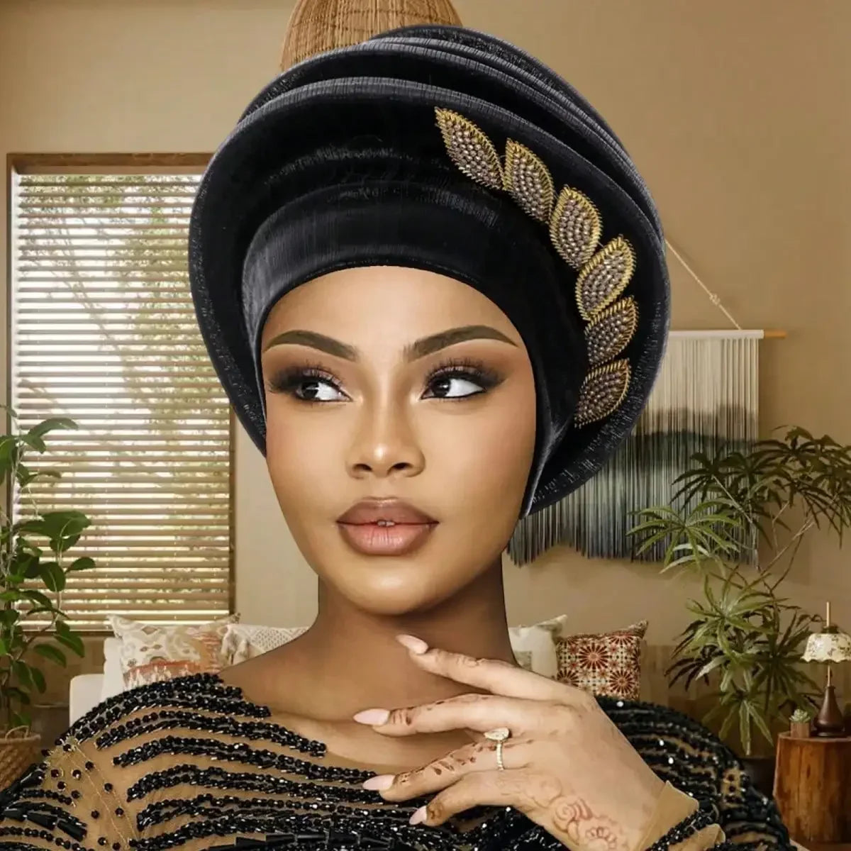 Pleated Leaf Turban Hat, Elegant Chiffon Head Wrap