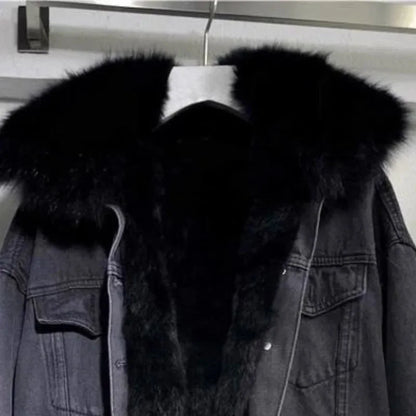 Women's Big Fur Collar Winter Denim Jacket