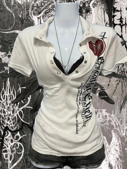 Y2k Japanese Letter Printing Vintage Tops