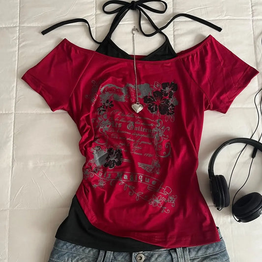Y2K millennium crop top women's short sleeved vest sweet and sexy casual anime print Harajuku deep red full set Emo style