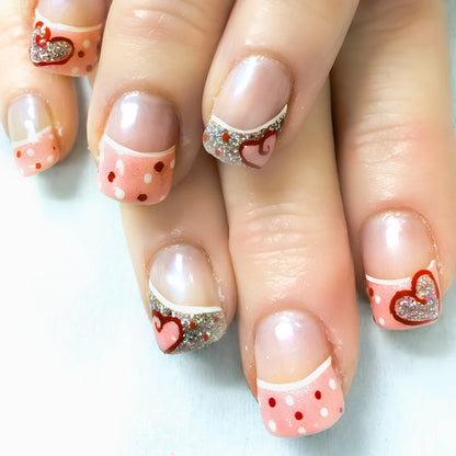 Ongles à presser noirs Y2K pour filles, motif cœur rose/point