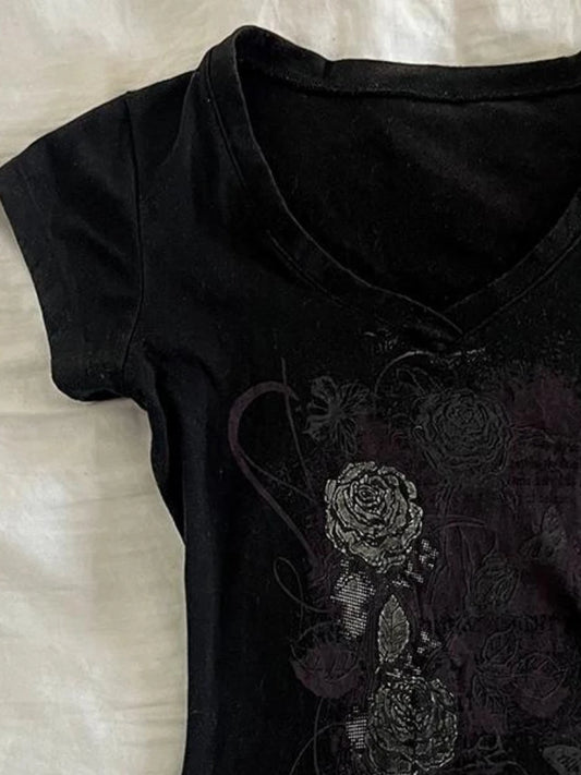 T-shirts Grunge Femme Imprimé Fleurs Style Années 2000 Vintage Slim Harajuku Décontracté Noir T-shirts Courts Été 2025