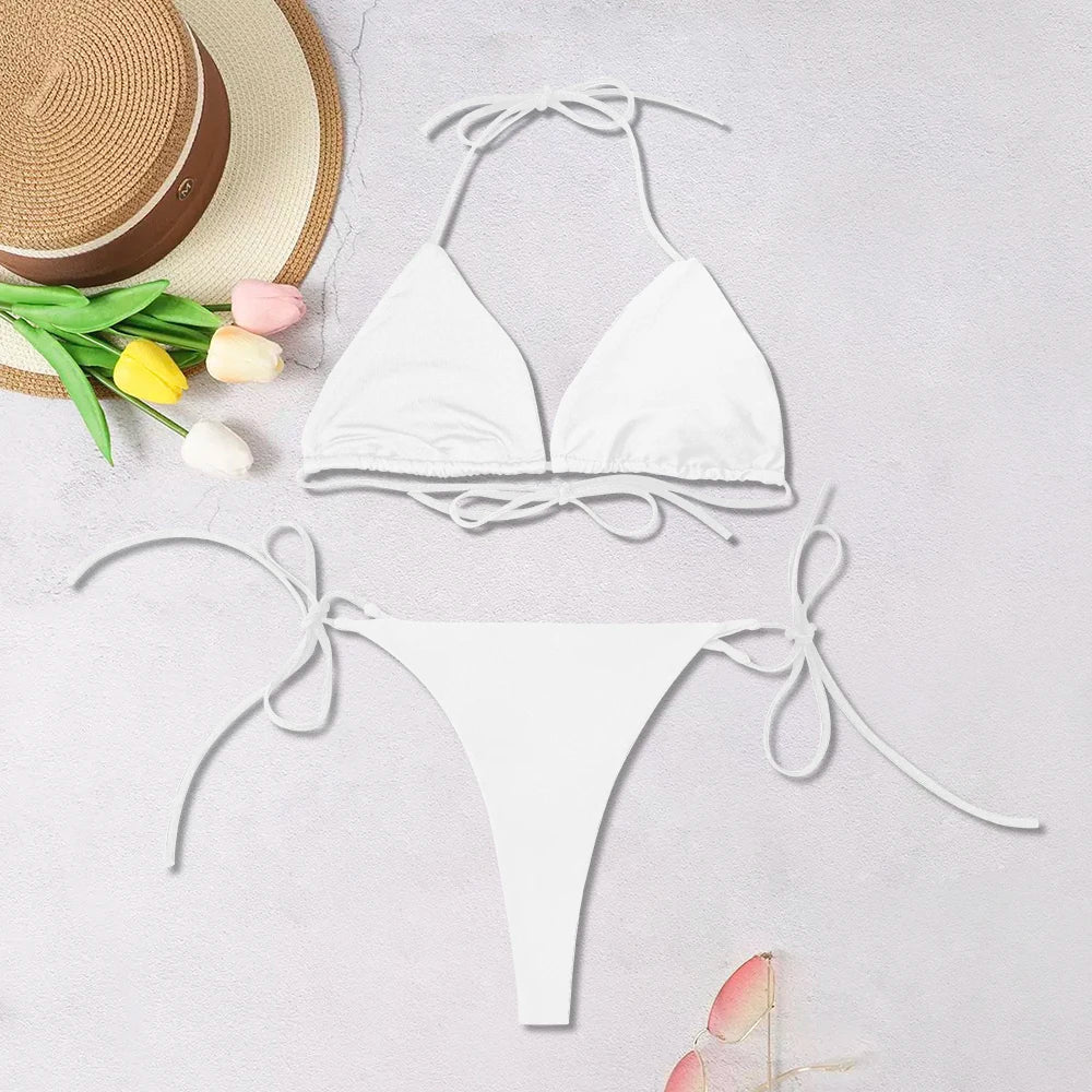 Women's Solid-Color Halter Three-point  Backless Adjustable Bikini