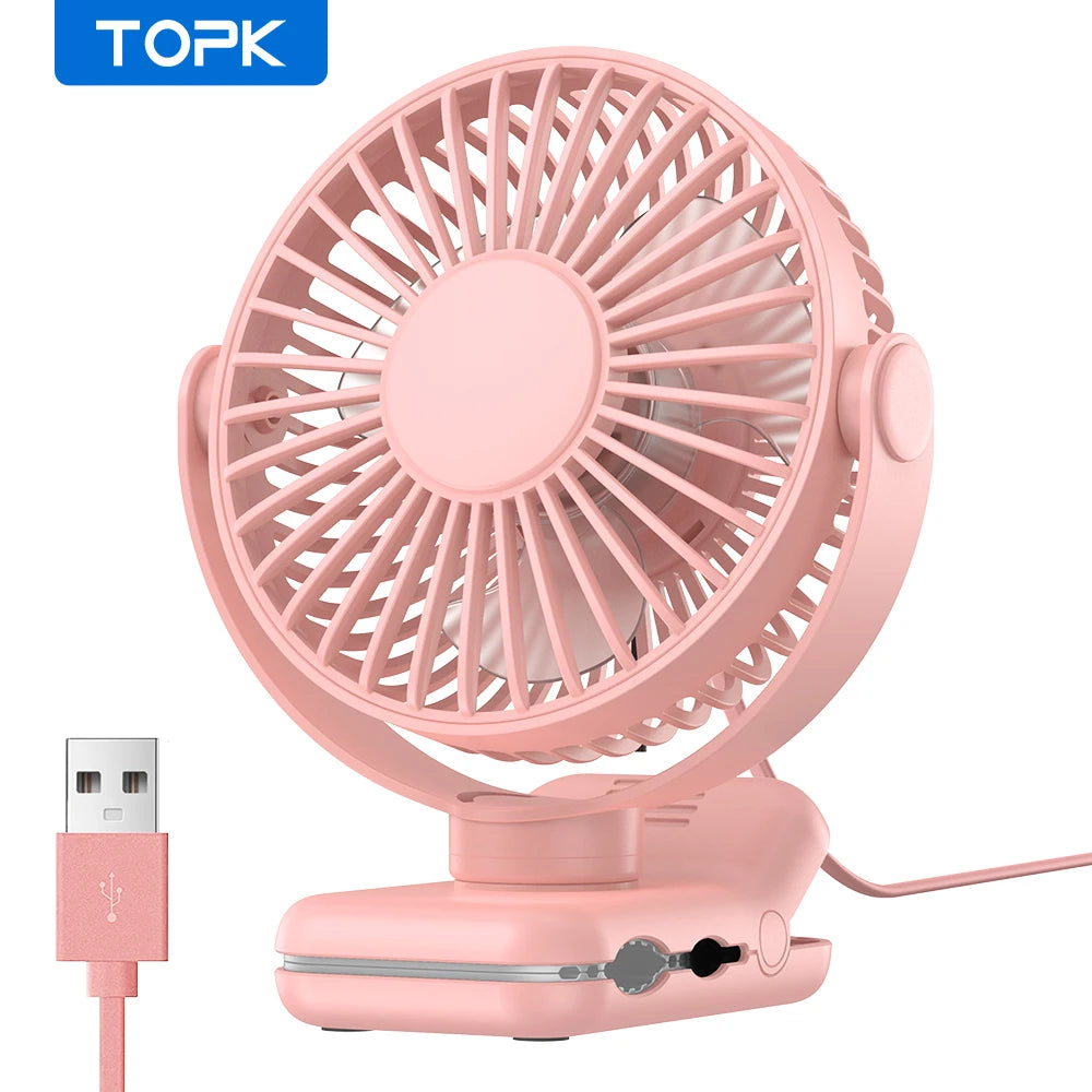TOPK USB Clip on Desk Fan Brushless Motor Powerful Airflow Sturdy Clamp Ultra Quiet Portable Mini Personal Fan Office Bedroom