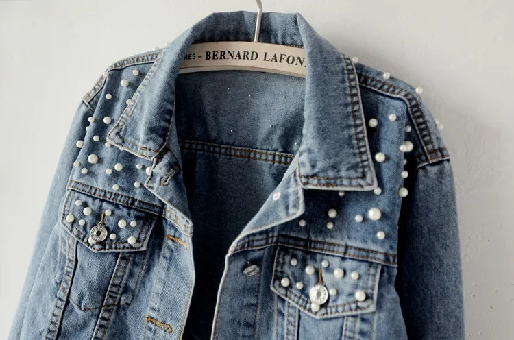 Women's Ripped Vintage Pearl Denim Jacket