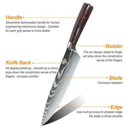 7CR17 8PCS Stainless Steel Sharp Damascus Pattern Sharp Chef Knives Set