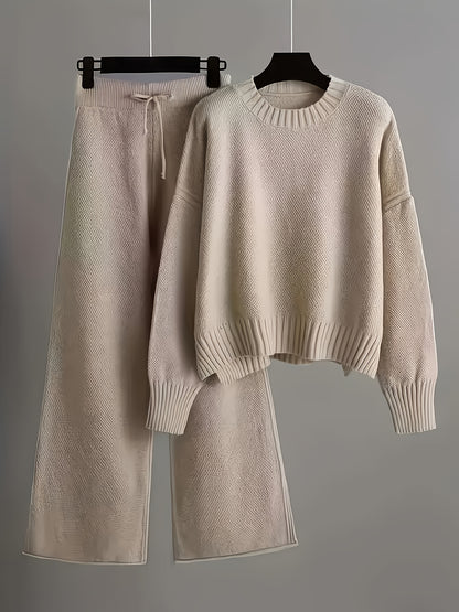 2pcs Women's Soft Casual Elegant Round Neck Sweater & Wide-Leg Pants Set