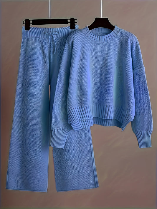 Ensemble 2 pièces pull col rond et pantalon large décontracté et élégant pour femme