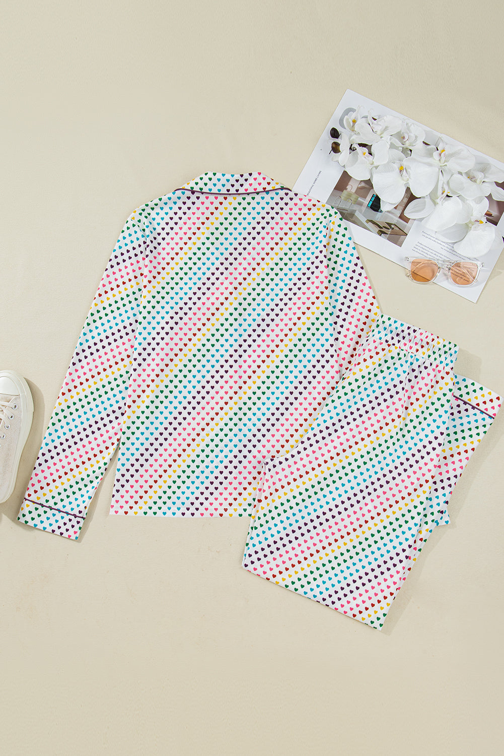 2pcs White Pride Heart Print Valentines Long Pajama Set
