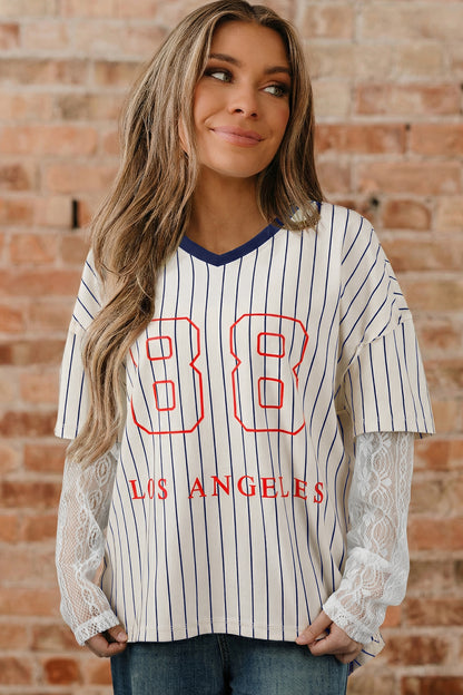 Blue Stripe 88 LOS ANGELES Graphic Lace Patchwork Faux Two Piece V Neck Top