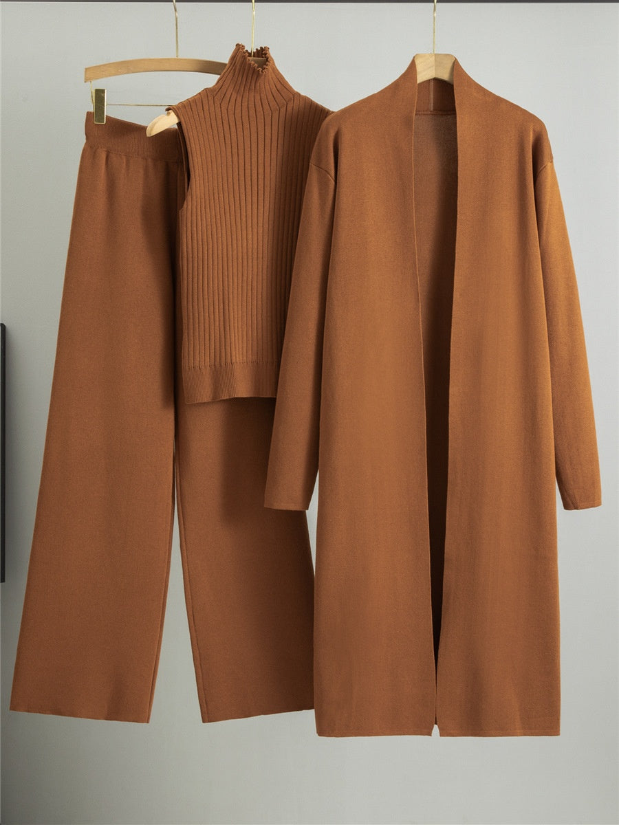 3pcs Women's Sleeveless Vest Sweater Long Cardigan And Wide-leg Pants Set
