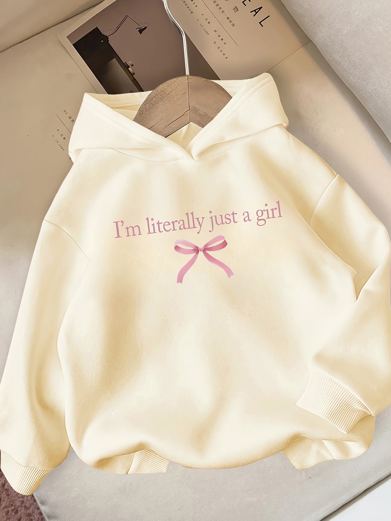 Girls' Autumn/Winter Hooded Sweatshirt  with "I'm Literally Just a Girl" Print & Pink Bow