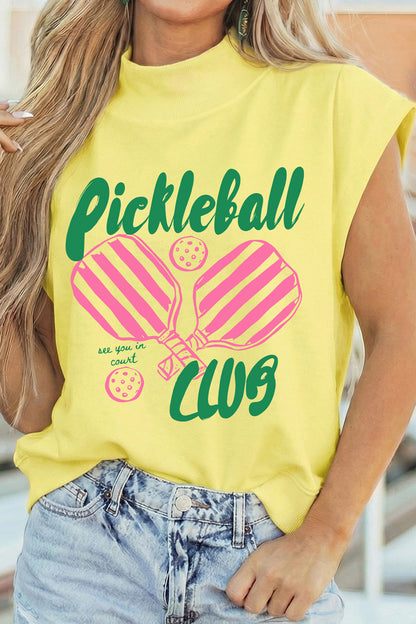 Haut à col montant imprimé Jour de match du club de pickleball jaune