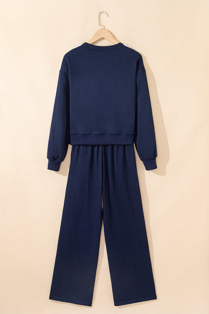 2pcs Dirty Blue Varsity Striped Detail Crewneck Pullover Elastic Sweatpants