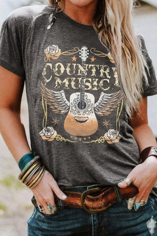 T-shirt col rond imprimé guitare musique country gris