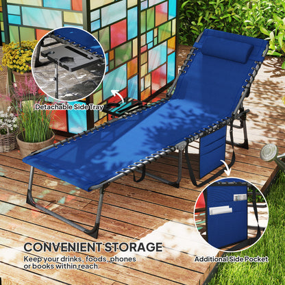 Outdoor Telescopic Folding Chair With 5-Level Adjustable Back, Side Table, Pillow, Pocket, Dark Blue