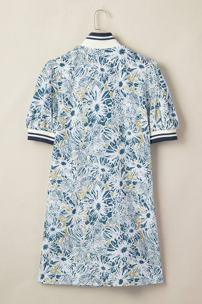 Blue Floral Print Striped Webbing Patchwork Collar Short Sleeve Mini Dress