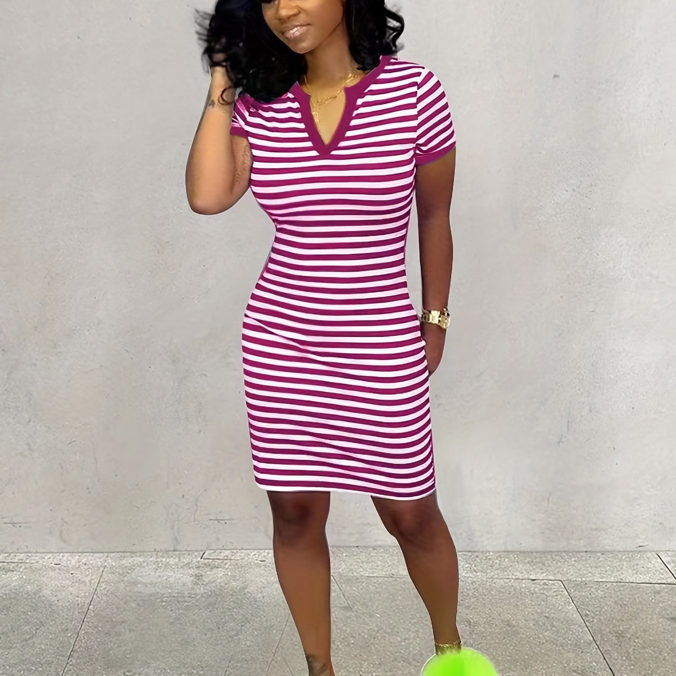 Women's Striped Bodycon Notched Neck Dress