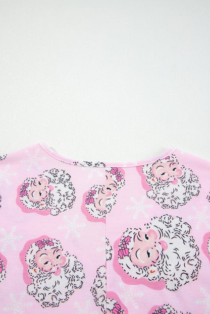 2pcs Pink Santa Claus Print V Neck Tee Drawstring Pants Lounge Set