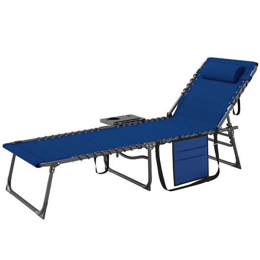 Outdoor Telescopic Folding Chair With 5-Level Adjustable Back, Side Table, Pillow, Pocket, Dark Blue
