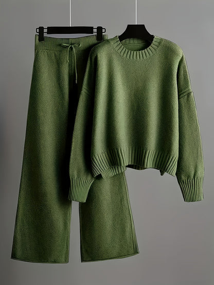 2pcs Women's Soft Casual Elegant Round Neck Sweater & Wide-Leg Pants Set
