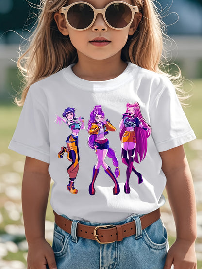 Girls' Kpop Graphic T-Shirt - Black Tee with Purple & Pink Characters