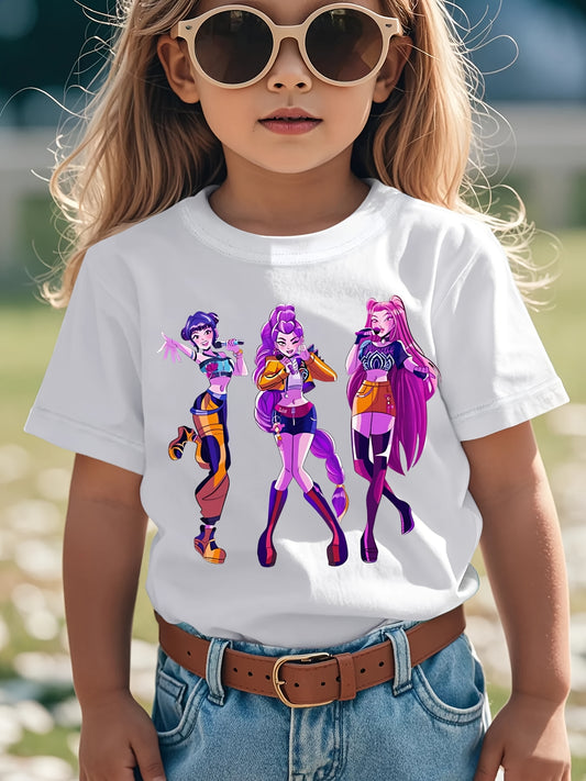 T-shirt graphique Kpop pour filles - T-shirt noir avec personnages violets et roses