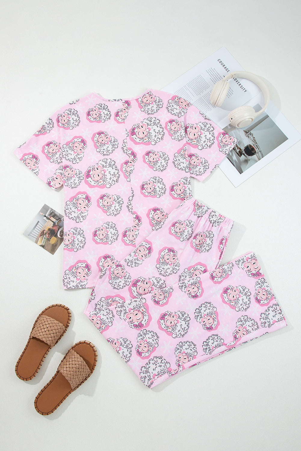 2pcs Pink Santa Claus Print V Neck Tee Drawstring Pants Lounge Set