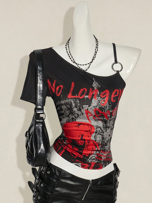 Y2K-Inspired Off-Shoulder Bold Dragon Print, Red & Black Shirt