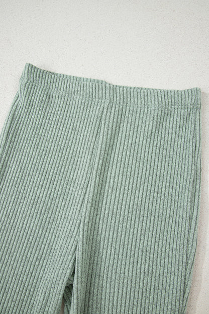 2pcs Grass Green Ribbed Notched Neck Knit Long Sleeve Leggings Lounge Set