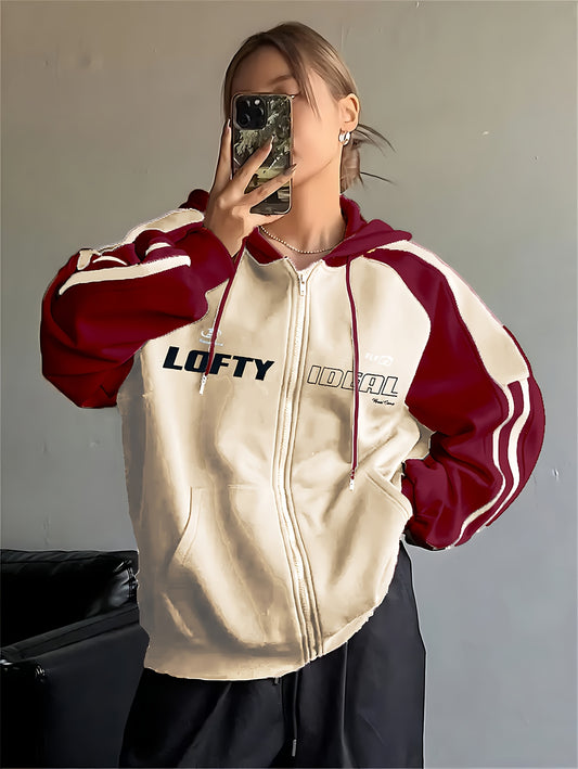 Sweat à capuche color block Y2K femme avec imprimé lettres « Wealth »