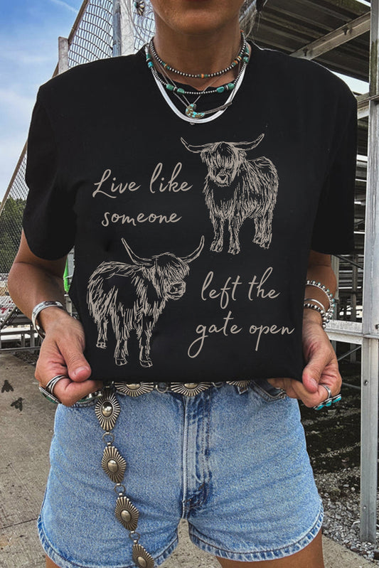 T-shirt décontracté à col rond imprimé vache western noir