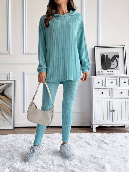Elegant And Fashionable Lake Blue Women's Hooded Top And Long Pants Set