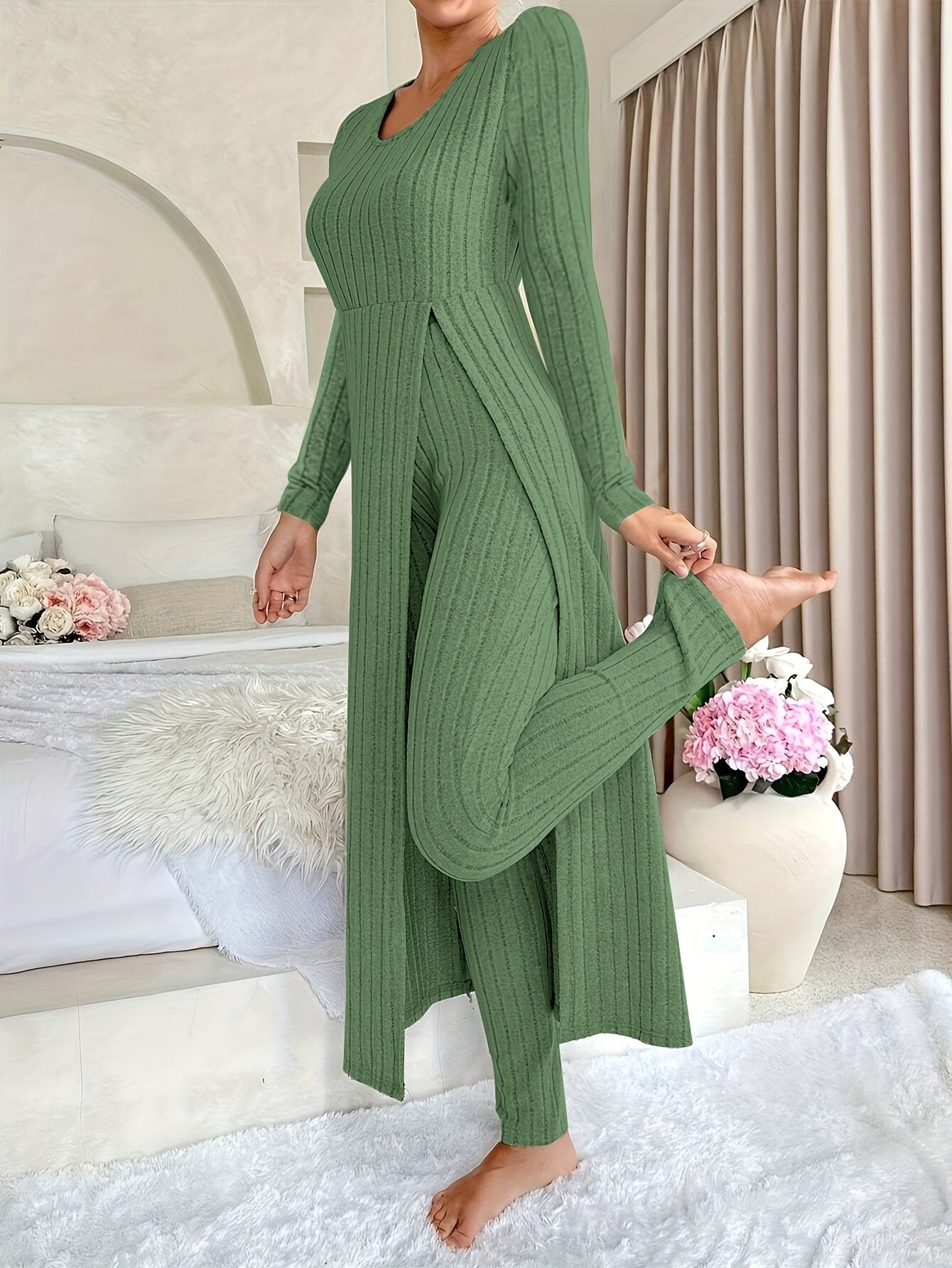 Ribbed Two-Piece  Long-Sleeved Top and Pants Set