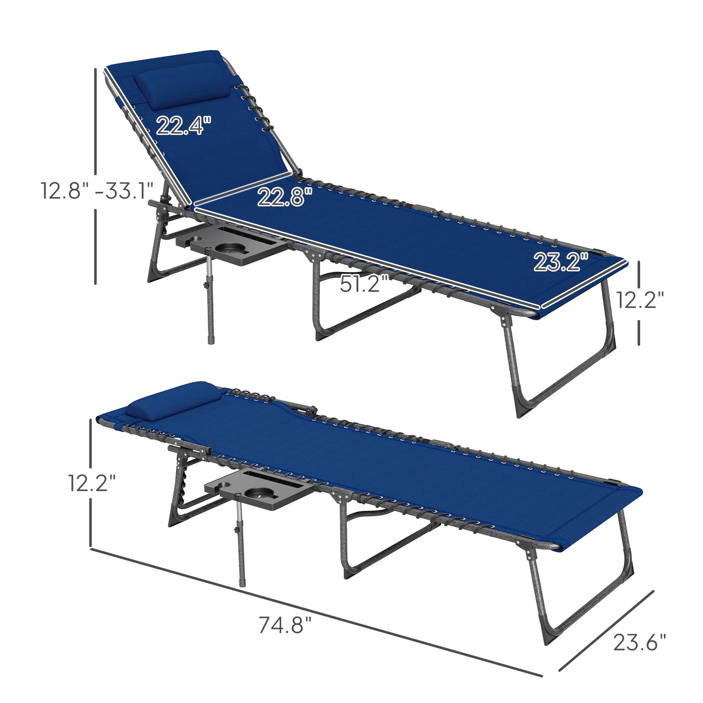 Outdoor Telescopic Folding Chair With 5-Level Adjustable Back, Side Table, Pillow, Pocket, Dark Blue