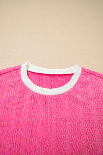 2pcs Bright Pink Textured Color Block Trim Loose Tee Drawstring Shorts Set
