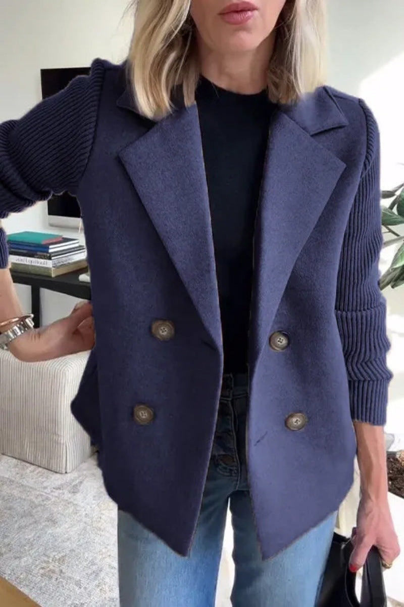 Women's Double Breasted Knitted Sleeves Lapel Jacket