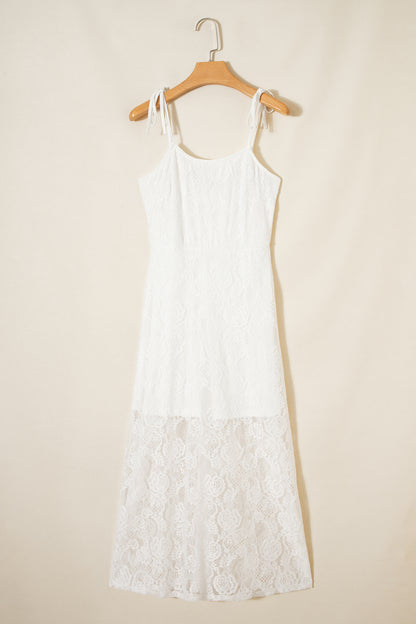 White Tie Spaghetti Straps Floral Lace Overlay Long Dress