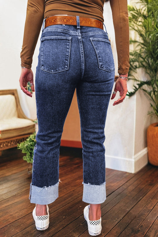 Jean droit taille haute délavé avec revers repliés Real Teal