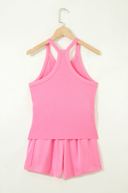 Ensemble de 2 pièces, un débardeur rose fin et un short taille haute élastique